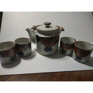 Vintage Stoneware OMC Japan Pottery Tea Set Teapot Rattan Handle & 4 Cups